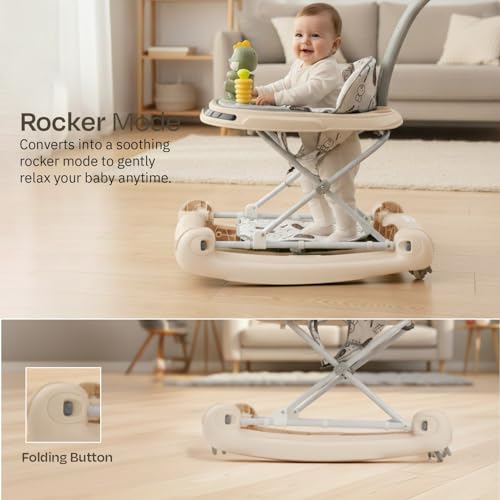 Image of Baybee 3-in-1 Convertible Baby Walker for 6-18 Months with Rocking Mode, Removable Toy Bar, Inbuilt Music, 3-Level Height Adjustment, Smooth Wheels & Parental Handle | Foldable Infant Activity Walker with Cushioned Seat (Beige)