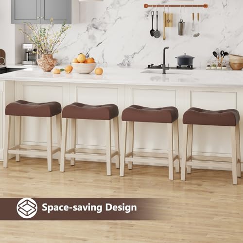 Image of Giantex 24 inch Bar Stools Set of 4, Upholstered Counter Height Saddle Bar Stools with Footrest and Wood Legs, Farmhouse Faux Leather Backless Barstools for Kitchen Island, Dining Room, Cafe, Brown+Beige