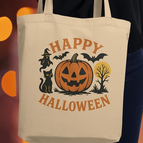 Vintage Happy Halloween Pumpkin, Black Cat, Ghost, and Bats – Organic Cotton Tote Bag2