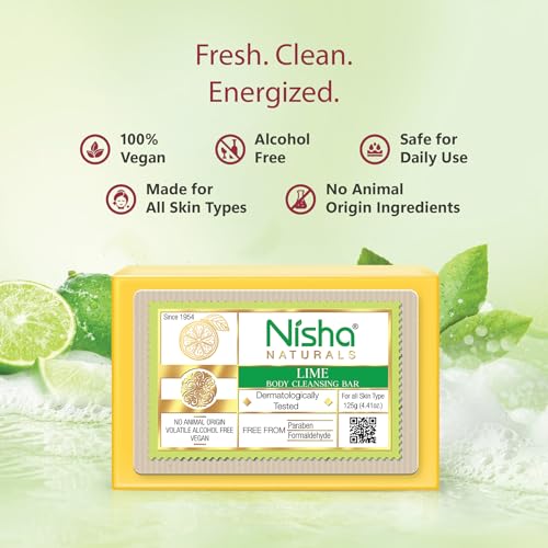Image of Nisha Lime Body Cleansing Soap Bar 125g - Paraben Free, Vegan, Gentle Cleanse for Soft & Supple Skin, Suitable for All Skin Types, Men & Women