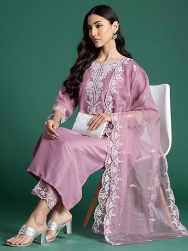 Image of INDO ERA Women's Silk Blend Embroidered Straight Kurta & Pant with Dupatta Set (KH9MU7820)