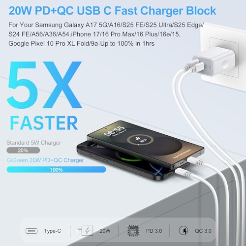 for Samsung Fast Charger USB C Wall Plug Adapter for Samsung Galaxy A57 A37 A17 5G A36 S26 Ultra S25FE A56 Z Flip7 S24,iPhone Charger Fast Charging Block with 6FT Cord for iPhone 17 Pro Max 16Plus 16e - image 2
