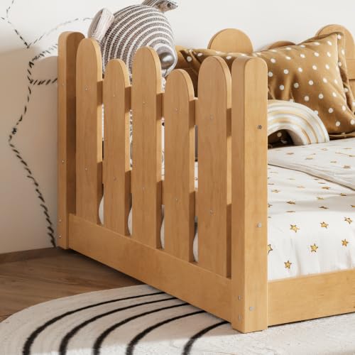 Image of Bellemave Twin Size Kids Montessori Floor Bed,Floor Bed Frame with Rounded Safety Guardrail,Solid Wood Montessori Bed for Girls Boys,Natural