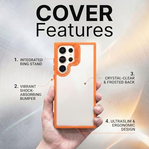 Image of amazon basics Frosted Matte Case for Samsung Galaxy S25 Ultra 5G | Built-in Flip-Out Camera Lens Stand | Translucent Back with Contrast Orange Bumper | Shockproof Protective Cover