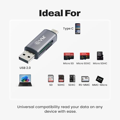 Image of EVM 4-in-1 OTG Card Reader USB 3.0 & Type-C | Multi Memory Card Reader for SD, SDHC, SDXC, Micro SD & TF Cards | Plug & Play for Laptop, Smartphone & Tablet