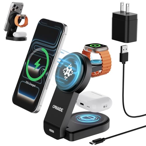 3 in 1 Charging Station for Apple MagSafe Charger, Foldable Wireless Charging Station Magnetic Wireless Charger Stand for iPhone 17 Air/16/15/14/13/12 Series/Apple Watch10-2/Airpods (Black)