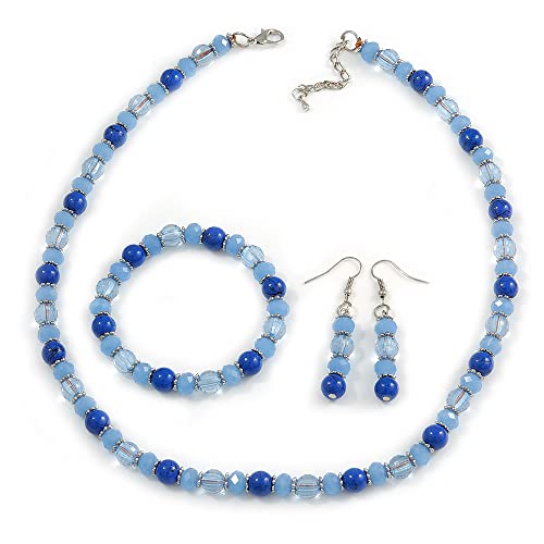 Avalaya Ensemble collier et boucles d'oreilles en verre et céramique avec perles argentées - 48 cm de long - 7 cm d'extension - Taille de la bague réglable...