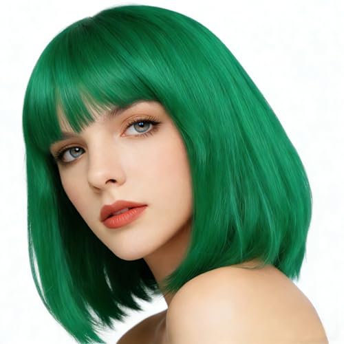 Green Bob Wig with Bangs Short Length Apple Cut