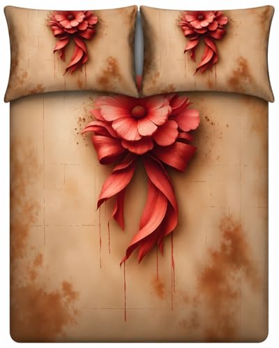 Image of 7D Digital Printed King Size Bedsheet | 240TC Premium Cotton Feel Microfiber with 2 Pillow Covers | Soft Breathable & Wrinkle Free Bedding Set | (RedBow, King Size-225x250CM)