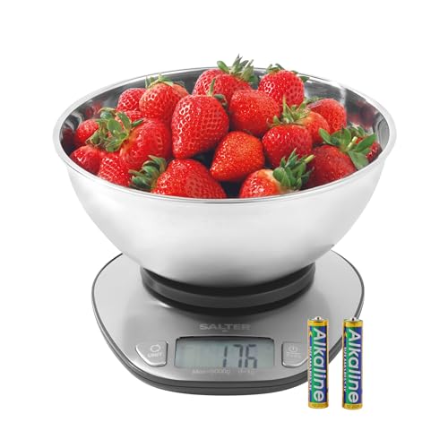 Salter Digital Bowl Scale Electronic Food Weighing Scales 5kg/11lbs Capacity Stainless Steel Dishwasher Safe 2-Litre Measuring Dish Tare Function Measures Liquids LCD Backlit Display Dual-Use