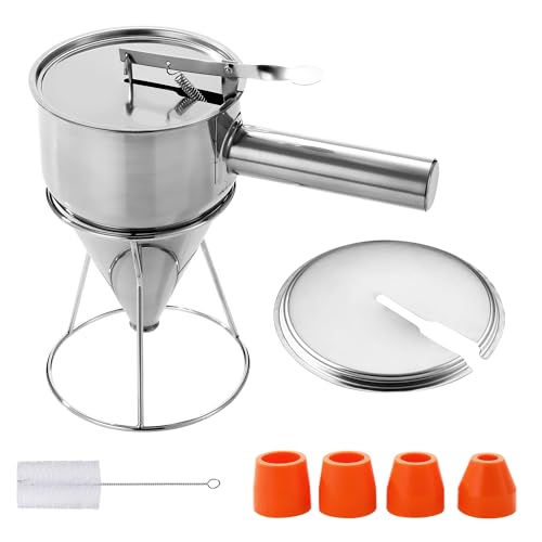 Teigspender Teigportionierer,Pfannkuchen Teigspender 1200ml,Edelstahl Teigspender mit Ständer,Wird mit Deckel, Reinigungsbürste und 4 Ersatzdüsen Geliefert,für Pfannkuchendesserts (1200ML)