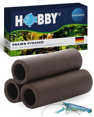 HOBBY Aquaristik Prawn Pyramid 2-1 dark I 3,5 x 3,5 x 5 cm I Brut- und Versteckhöhle aus gebranntem Ton für Krebse und Garnelen I Deko Höhle für Aquarienbewohner I Garnelenpyramide