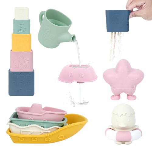 MCGMITT Baby Bath Toys for Kids Ages 1-3, 12 PCS Silicone Mold Free Bathtub Toys for 6-12 Months, Soft Stacking Cups & No Hole Duck & Floating Boats, Beach Sand Water Table Pool Toys for Tod