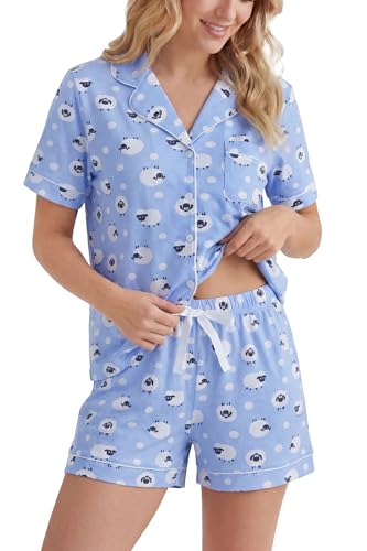 Image of LUBOT 100% Cotton Pajamas for Women 2 Piece PJ Set Button-Down Soft Knit Short Sleeve Summer Sleepwear Loungewear XS-XXL
