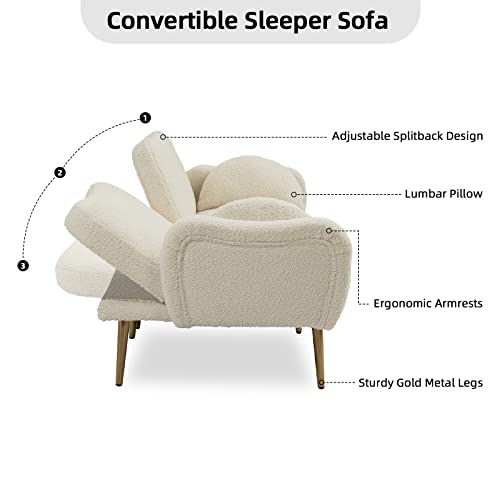Homtique Futon Sofa Bed, Convertible Sleeper Sofa With 2 Bolster Pillows, 64.9" W, Modern Upholstered Small Splitback Loveseat Sofa For Living Room, Bedroom, Dorm, Office, White Teddy Fabric #TOP3