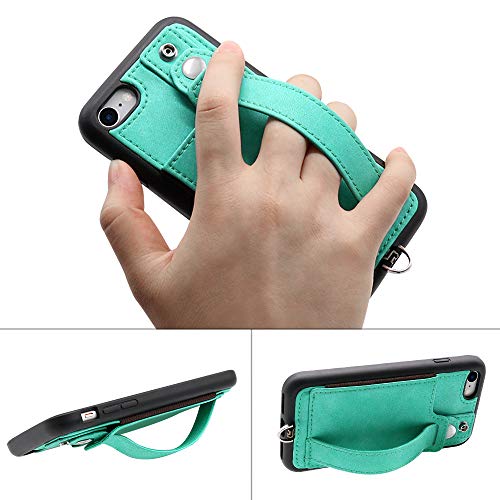 TOOVREN iPhone SE Case 2020/2022 Phone Lanyard Neck Strap for iPhone 8 Case with Card Holder iPhone 7 Wallet Case with Kickstand Leather PU Card Holder Wallet Adjustable Phone Necklace Green