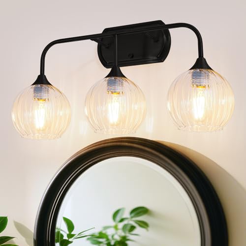 Image of MantoLite Bathroom Vanity Light 3-Light Crystal Wall Sconces Matte Black | Fog-Proof Modern Wall Lights 20'' Bathroom Light Fixtures Over Mirror Ribbed Glass,E26 Hardwired(Max 60W)