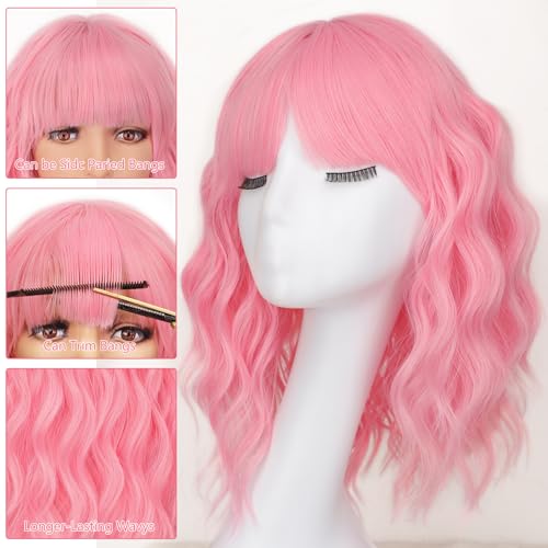 Image of AISI HAIR Curly Bob Wig with Bangs Short Wavy Pink Color Wigs for Women Bob Style Synthetic Heat Resistant Bob Wigs