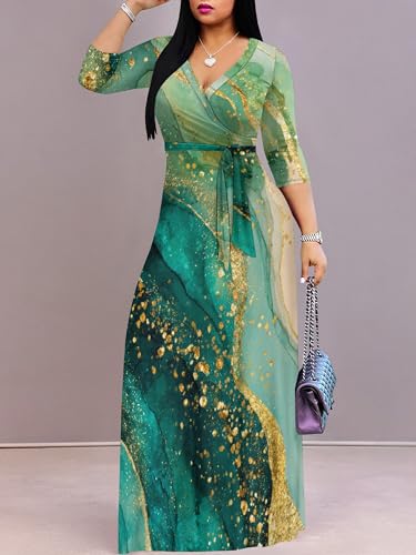 Image of Plus Size Dresses for Women Print Maxi Dresses 3 /4 Sleeve with Belt