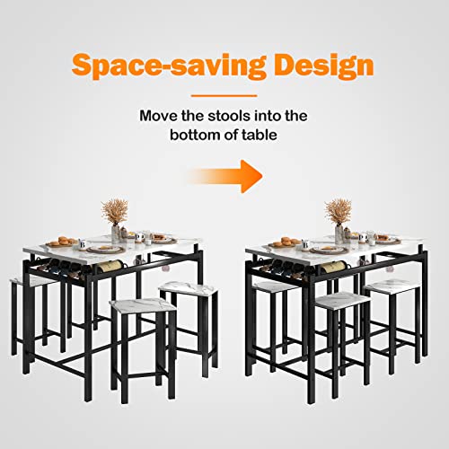 Basenji Dining Table Set For 4, 5 Piece Kitchen Table And Chairs With Wine Rack And Glass Holder, Bar Table And Chairs Set Space Saving For Pub Breakfast (White Statuario Wine Rack) #TOP6