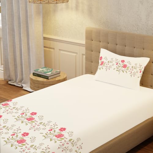 Image of Urban Space Serene 100% Cotton Bedsheet for Single Bed, 200 TC Floral Single Bedsheet with 1 Pillow Cover (58 X 90 Inches, Poppy Bloom)