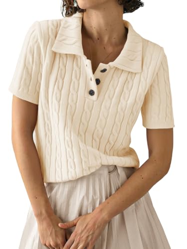 Image of Imily Bela Womens Polo V Neck Pullovers Lightweight Short Sleeve Cable Knit Sweater Business Casual Summer Tops 2025