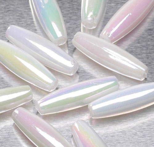 144 Acrylic Opaque White AB 6x19mm Spaghetti Oval Tube Beads