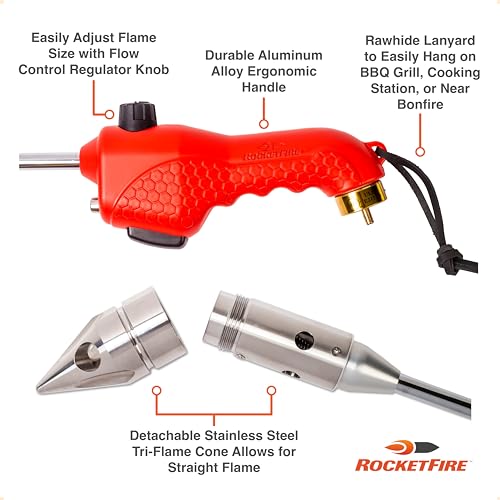 ROCKETFIRE Fire Starter Torch | Perfect Propane Torch Head, Grill Gun, Charcoal Torch | Compatible with Bernzomatic Propane & MAP/PRO Fuels | Stainless Steel Tri-Flame Tip | Fuel NOT Included | Red