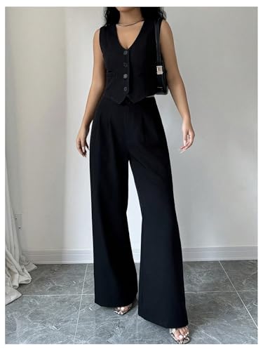 Chic Black Women's Business Suit Sets – WDIRARA 2 Piece Sleeveless Blazer & Wide Leg Pants in Medium - Image 4
