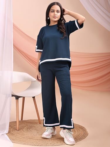 Image of ELLITI Women's Co-ord Set, Down Short Sleeve Top and Wide Leg Trousers with White Trim