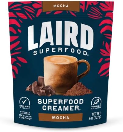 Laird Superfood Non-Dairy Coffee Creamer Mocha, Shelf-Stable Superfood Non-Dairy Powder Creamer, Gluten Free, Non-GMO, Vegan, 8 oz. Bag, Pack of 1