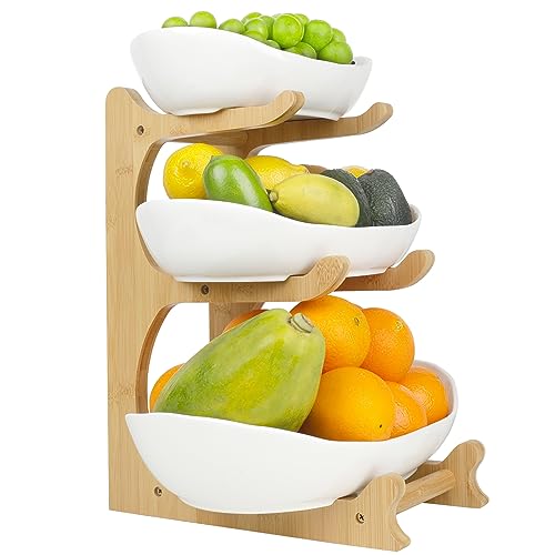 SEVEN SPARTA 3 Tier Fruit Bowl for Kitchen Counter (PLUS edition) / Ceramic Serving Bowls with Bamboo Stand/Big Size Tiered Fruit Basket for Fruit Vegetable Storage, Dessert, Salad Buffet Server - Image 4