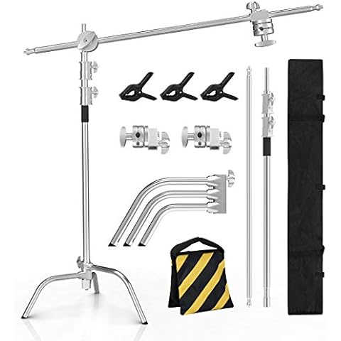 Photo Studio Stainless Steel Heavy Duty C Stand with Boom Arm - Max Height 11ft/331cm Photography Light Stand with 4ft/120cm Holding Arm, 2 Grip Head for Studio Monolight, Softbox, Reflector Cover