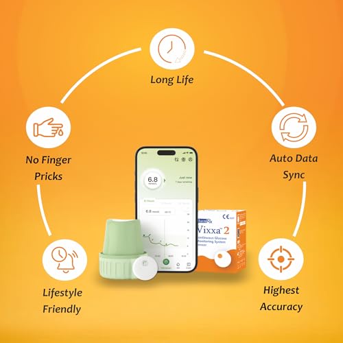 Image of GlucoRx Vixxa 2 CGM Glucose Monitor Device| Real Time Blood Sugar Test Machine for Home | Glucometer Last upto 15 Days | Bluetooth Enabled | Highest Accuracy | Pack of 4