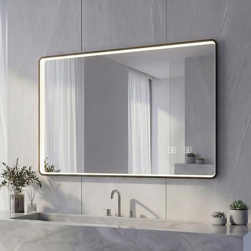 NeoArt LED Badspiegel mit Aluminiumrahmen 5mm Kupferfreier HD Silber-Spiegel 3 Lichtfarben Dimmbar Wandspiegel mit Touch-Schalter & Anti-Beschlag Modernes Design & Memory-Funktion Rechteckig