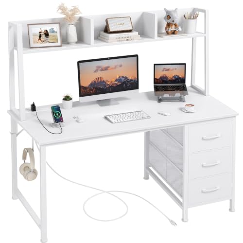 DLisiting White Computer Desk with Hutch & Drawers, 47 Inch