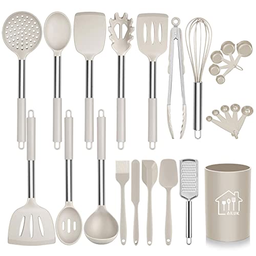 AILUKI 17 Stück Silikon Kochgeschirr Set, Küchengerät Küchenhelfer Set mit Edelstahlgriff, Antihaft Hitzebeständiger Silikonspatel Set, Küchenutensilien mit Edelstahlgriff Khaki Cover