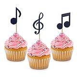 24 PCS Black Glitter Music Notation Birthday Cupcake Toppers for Birthday Party Baby Shower Wedding