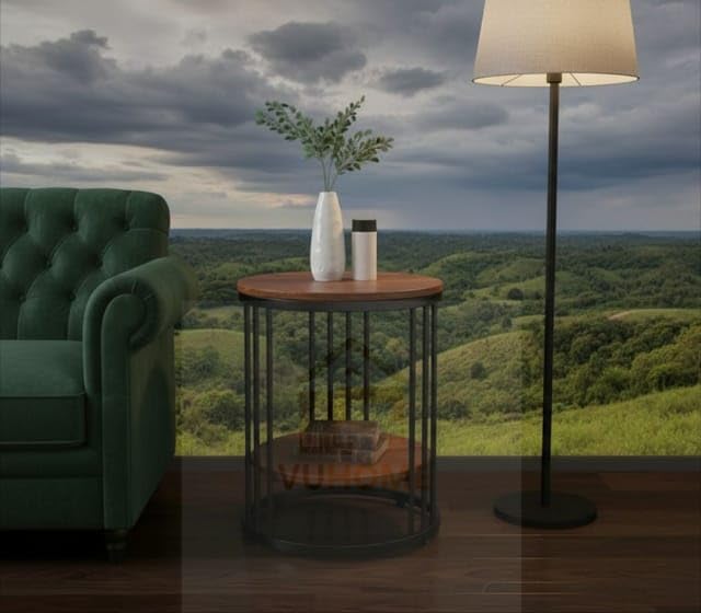 Image of 2 Tier Round Coffee Table with Brown MDF Wood Top, Gold Metal Frame & Storage Shelf |Table for Living Room, Bedroom, Balcony & Office | Modern Compact Accent Furniture for Home Decor