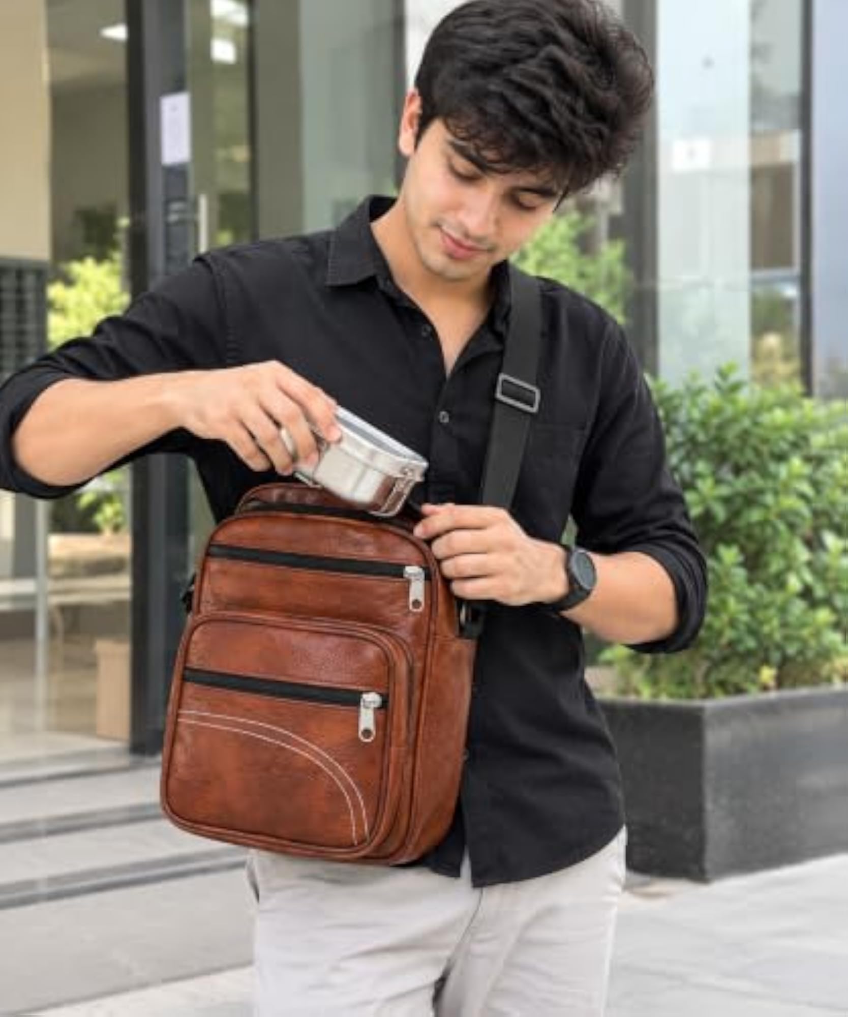 Brown Sling Bag for Men & Women, Multi Pocket Design