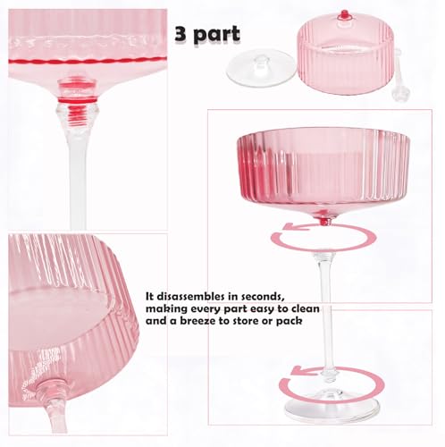 12Pcs Detachable Plastic Martini Glasses 10oz Reusable Clear Pink Vintage Ribbed Coupe Glasses Wedding Party Toasting Cups Unbreakable Dessert Parfait Drinkware for Birthday Bridal Shower by Cyrix - Image 3