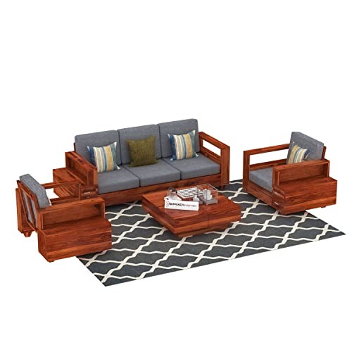 Image of Sheesham Wood 5 Seater Sofa Set with 2 Drawer Storage | 3+1+1 Wooden Sofa Set Furniture for Living Room Home Office (Honey Finish)