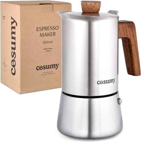 Cosumy Espressokocher Induktion für alle Herdarten geeignet - Mokkakanne Edelstahl 6 Tassen und FSC Eichenholz - Extra Silikondichtung...