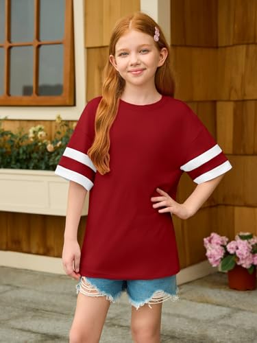 Image of Girls Oversized T Shirts Kids Summer Striped Short Sleeve Tops Casual Crewneck Tees 5-14 Years