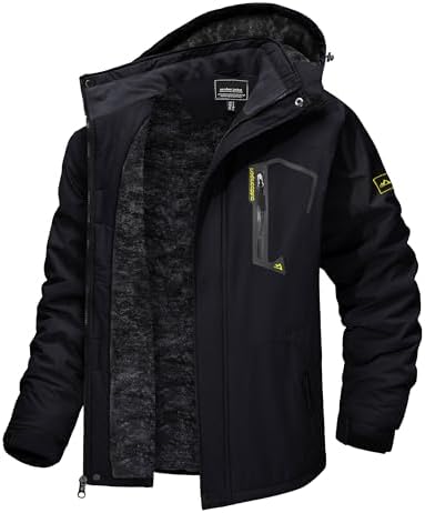 TACVASEN Winter Jacket for Men Skiing Warm Fleece Jackets Hooded Water Resistant Rain Jacket Black Thermal Snowboarding Jacket Windbreaker for Cold Weather