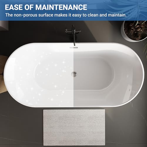 Image of 59 Inch Acrylic Freestanding BathTub, Oval Soaking Tub - Extra Large Freestanding Bathtub for Modern Bathroom Remodel, Integrated Overflow, Glossy White Finish