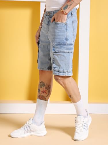 Image of The Indian Garage Co Men Relaxed Fit Solid Mid-Rise Denim Cargo Shorts