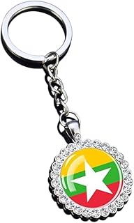 Heiorpai 1PCS Periphery Inlaid Rhinestones Stainless Steel Country Flag Keychain Metal Key Chain Key Ring