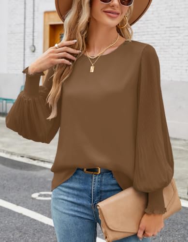 Image of Aifer Womens Tops Dressy Casual Long Sleeve Shirts Chiffon Blouses | Sheer Pleated Lantern Sleeves, Crew Neck, Back Keyhole, Versatile, Ideal for Office Workwear, Daily Outfits, Party Looks
