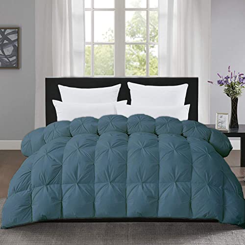 Saferay Green All-Season Luxury - Hotel Quality- Pintuck Style 100% Organic Cotton 1-Piece Pinch Pleat Comforter with 4 Corner Tabs, 500 GSM - Machine Washable (Steel Blue, Alaskan King 136